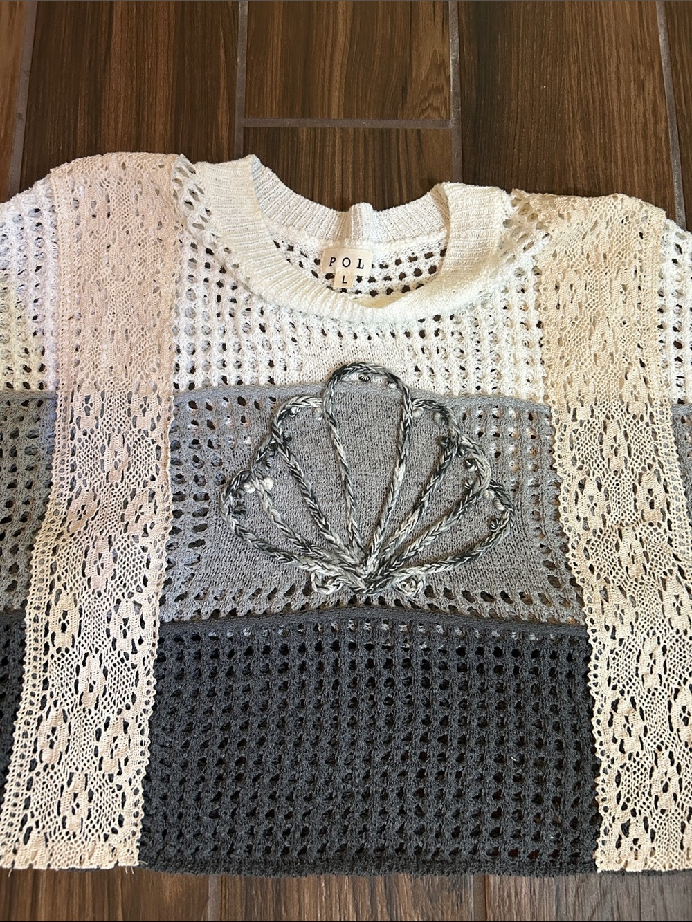 POL Crochet Knit Crewneck Sweater in Cream, Gray and Charcoal